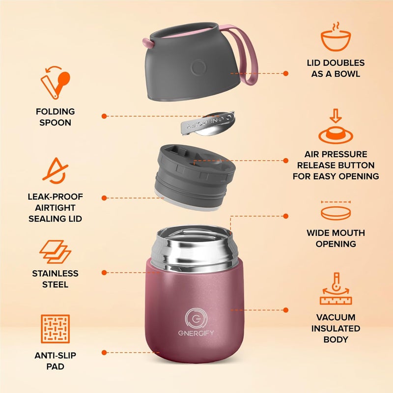 ENERGIFY Vacuum Insulated Food Jar. Large 17oz Bowl incl. Folding Spoon, Cup. Wide Mouth Keep Hot & Cold Drinks Soup Lunch Container for Adults. BPA-Free Stainless Steel, Leak Proof Rose Gold - Image 2